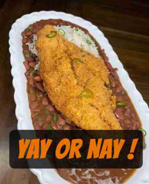 Fried Catfish with Red Beans & Rice YAY OR NAY! Ingredients: For the Fried Catfish: 4 catfish fillet...