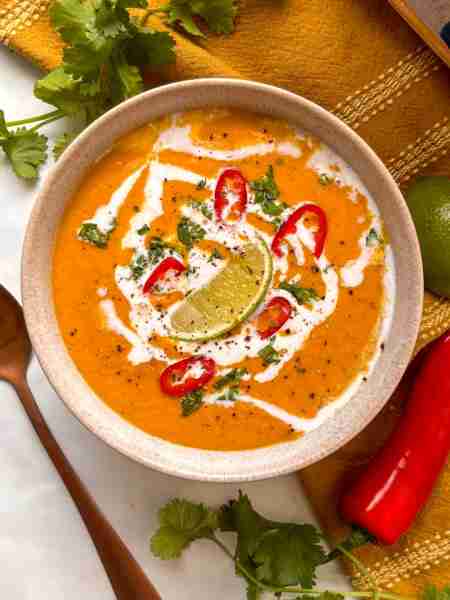 My Thai-inspired Coconut Curry Lentil Soup, made with red curry paste, coconut milk, and lime juice...