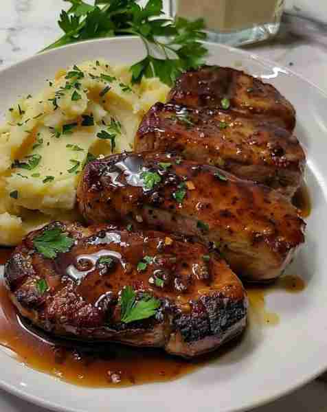 Honey Garlic Pork Chops with Mashed Potatoes 🍯🧄🥔 Ingredients: - 4 boneless pork chops - 1/3 cup h...