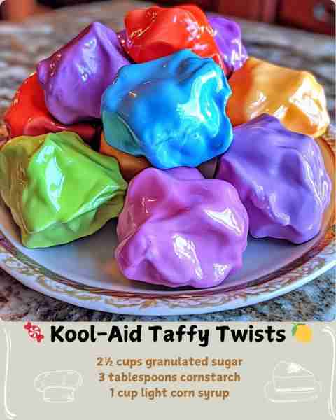 🍬 Kool-Aid Taffy Twists 🍋 Ingredients: 2½ cups granulated sugar 3 tablespoons cornstarch 1 cup lig...