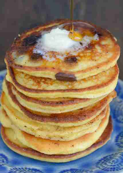 These Chocolate Chip Protein Pancakes are lightened up and healthier than traditional pancakes!