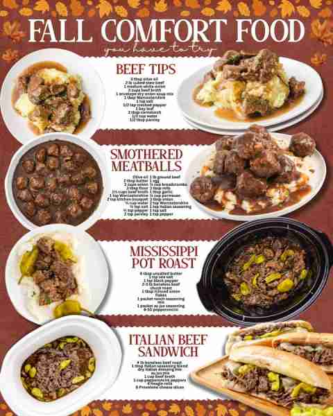 Fall Dinner = Cozy Beef Comforts 🍂🍽️ 1️⃣ BEEF TIPS 2 lb cubed chuck/stew meat 1 onion (diced) 3 cup...