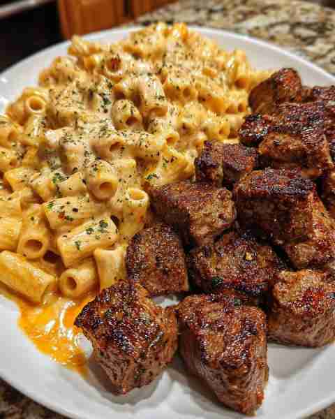 Garlic Cajun Steak Tips with Cheesy Pasta Alfredo Ingredients: 1½ lbs sirloin or ribeye steak tips,...