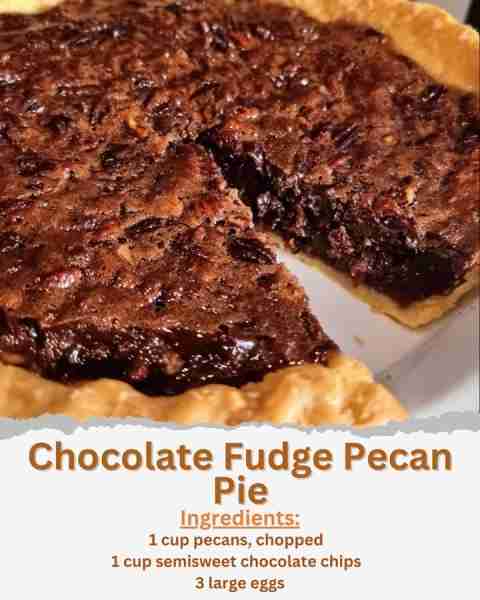 Chocolate Fudge Pecan Pie Ingredients: - 1 unbaked 9-inch pie crust - 1 cup pecans, chopped - 1 cup...