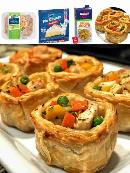 Mini Chicken Pies Ingredients: - 1 pound cooked chicken, chopped - 1 cup mixed vegetables (carrots,...