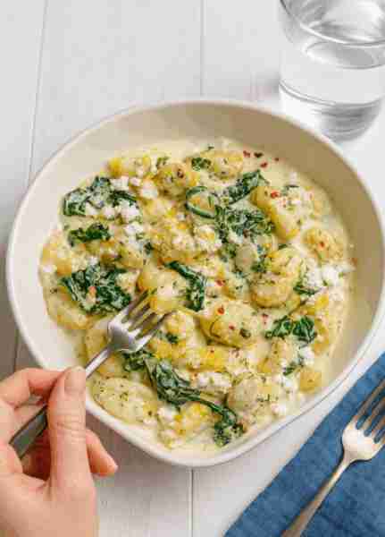 Creamy gnocchi with spinach and feta — quick, comforting, and effortlessly homemade, ready in minute...