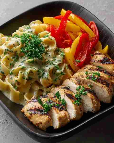 🍝 Creamy Herb Pasta with Grilled Chicken & Sautéed Peppers 🌿🔥 Prep time: 15 minutes Cook time: 25...