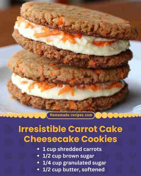 Irresistible Carrot Cake Cheesecake Cookies 📋 Ingredients: • 1 cup shredded carrots • 1/2 cup brown...