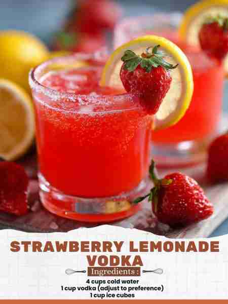 Strawberry Lemonade Vodka Ingredients: 4 cups cold water 1 cup vodka (adjust to preference) 1 cup ic...