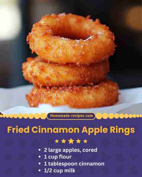 Fried Cinnamon Apple Rings 📋 Ingredients: • 2 large apples, cored and sliced into rings • 1 cup flo...