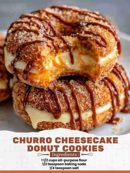 Churro Cheesecake Donut Cookies Ingredients: 1 1/2 cups all-purpose flour 1/2 teaspoon baking soda 1...