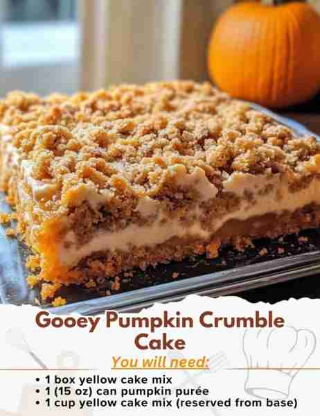 Gooey Pumpkin Crumble Cake Ingredients: For the Cake Base: - 1 box yellow cake mix - 1 egg - 1/2 cup...