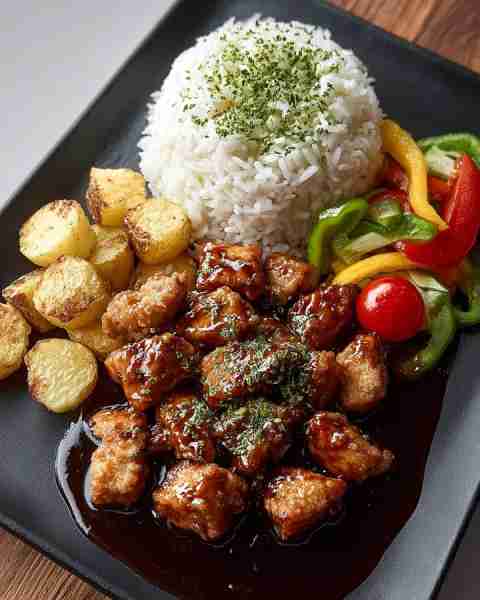 Tastes like home — Crispy Teriyaki Chicken Bites with Rice, Potatoes & Peppers