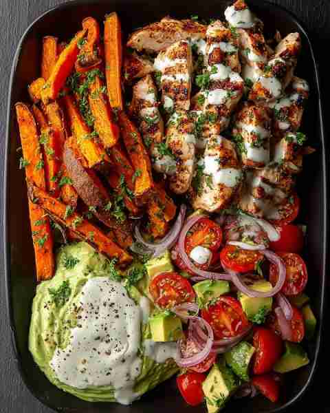 🥗 Grilled Chicken Power Bowl with Sweet Potato Fries & Avocado Ranch 🌿🔥 Prep time: 20 minutes Coo...