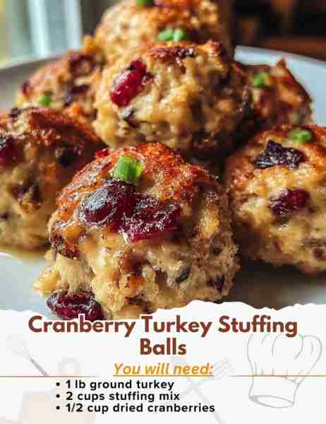 Cranberry Turkey Stuffing Balls Ingredients: - 1 lb ground turkey - 2 cups stuffing mix - 1/2 cup dr...