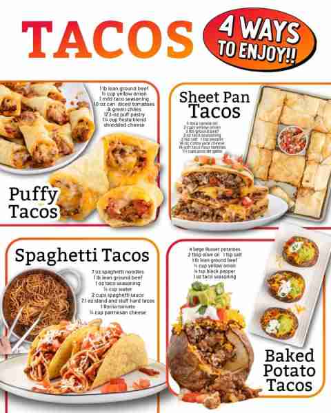 Taco night just got an upgrade with 4 irresistible versions to try. 🌮😋 Ingredients 🌮 Puffy Tacos...