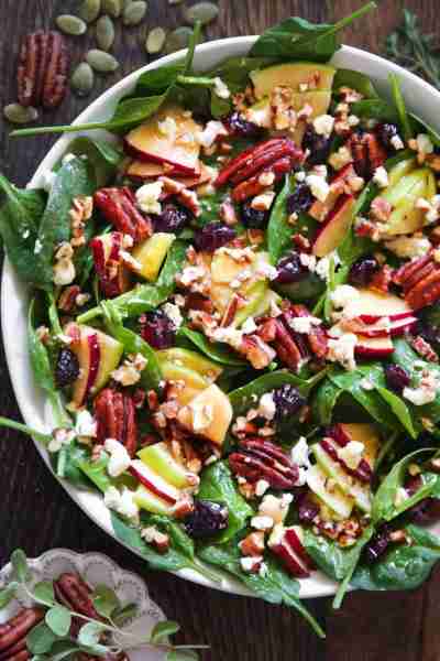 🍏🍎Apple Spinach Salad with Pecans, Cranberries, Goat Cheese, and Maple-Lime Mustard Dressing.🍏🍎