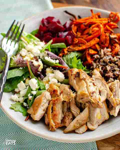 Chicken Wild Rice Bowl – tender seasoned chicken thighs with a delicious nutty wild rice blend, roas...