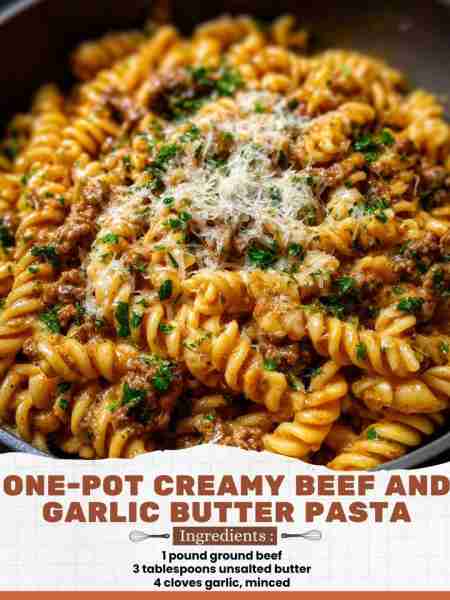 One-Pot Creamy Beef and Garlic Butter Pasta Ingredients: 1 pound ground beef 3 tablespoons unsalted...