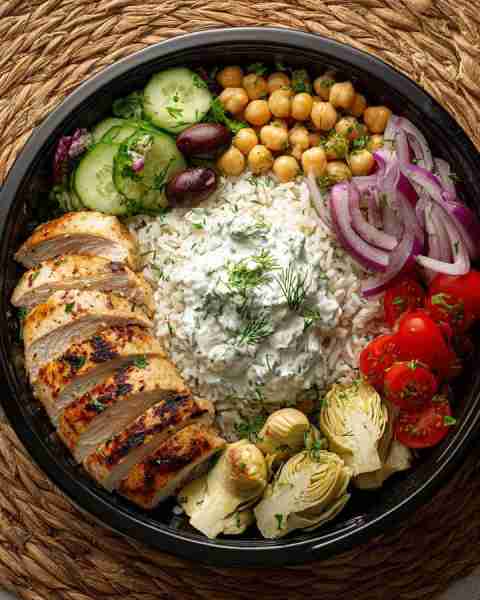 🥗 Mediterranean Chicken Rice Bowl with Tzatziki & Veggies 🍋🍅 Prep time: 20 minutes Cook time: 25...