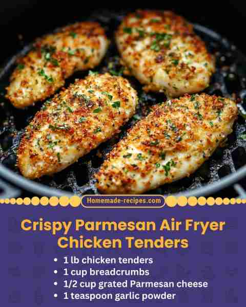 Crispy Parmesan Air Fryer Chicken Tenders 📋 Ingredients: • 1 lb chicken tenders • 1 cup breadcrumbs...