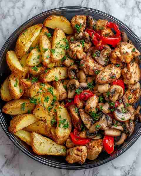 Can’t stop thinking about this one — Herb-Roasted Potato Wedges with Chicken, Mushrooms & Peppers
