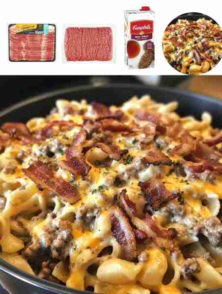 Creamy One-Pot Bacon Cheeseburger Pasta Ingredients: - 8 oz bacon, diced - 1 lb ground beef - 1 smal...