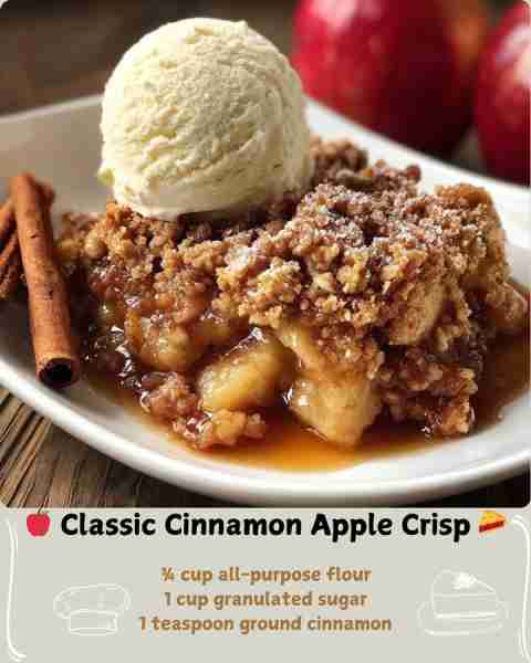 🍎 Classic Cinnamon Apple Crisp 🥧 Ingredients 4 cups peeled and thinly sliced apples (such as Grann...