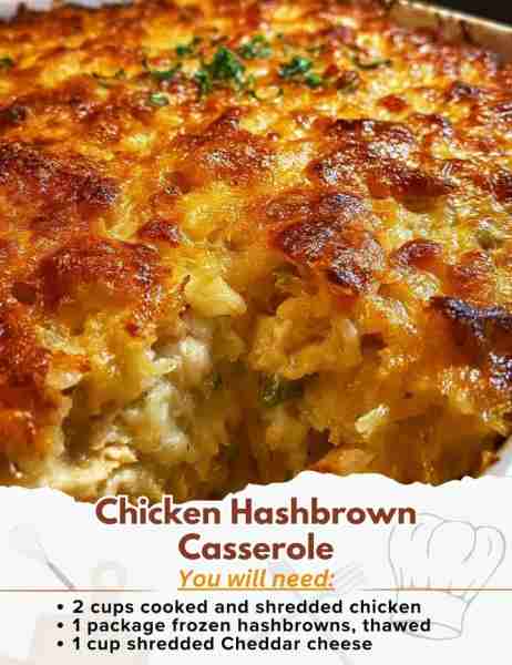 Chicken Hashbrown Casserole Ingredients: - 2 cups cooked and shredded chicken - 1 package frozen ha...