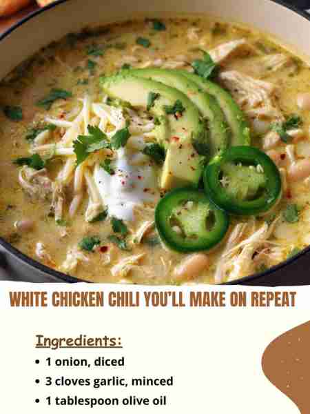White Chicken Chili You’ll Make on Repeat Ingredients 1 onion, diced 3 cloves garlic, minced 1 tabl...