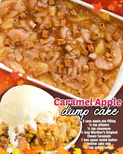 CARAMEL APPLE DUMP CAKE! 2 cans apple pie filling ¼ tsp allspice ¼ tsp cinnamon 10.8 oz bag Werther’...