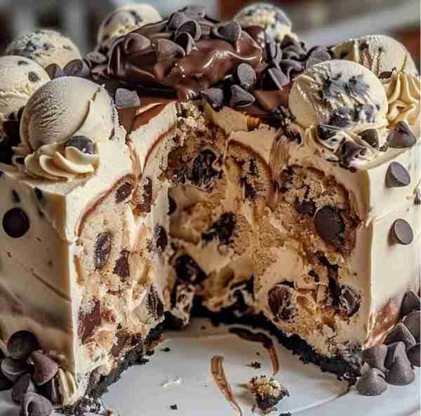 🍪🍦 Chocolate Chip Cookie Dough Ice Cream Cake 🧁 What is it? This cake combines: • A soft cookie c...