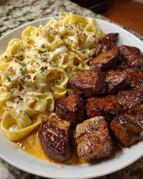 Garlic Butter Steak with Cheesy Fettuccine in Mozzarella Sauce Ingredients: 1 ½ lbs sirloin or ribey...