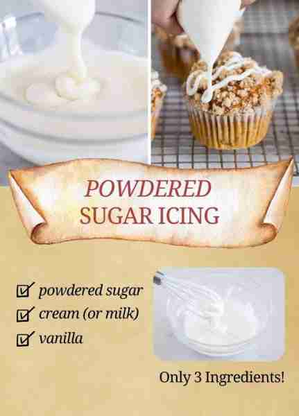 Easy powdered sugar icing uses powdered sugar, milk and vanilla for the easiest 3-ingredient glaze f...