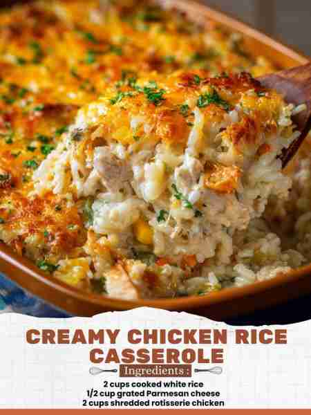 Creamy Chicken Rice Casserole Ingredients: 2 cups cooked white rice 1/2 cup grated Parmesan cheese 2...