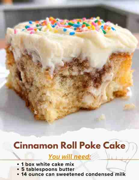 Cinnamon Roll Poke Cake Ingredients: For the Cake - 1 box white cake mix, prepared as directed on t...