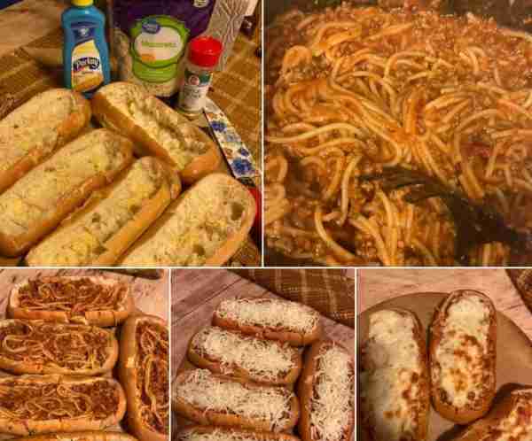 Spaghetti Stuffed Garlic Bread Subs Ingredients: Spaghetti noodles Ground beef Prego spaghetti sauce...