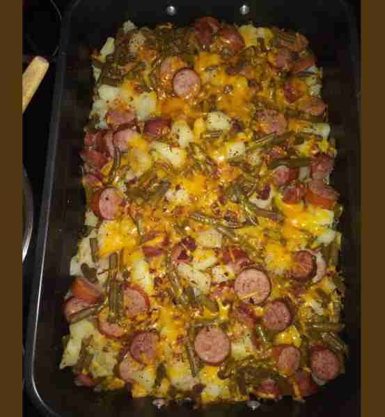 Smoked Sausage, Potato, and Green Bean Bake Ingredients: 4-5 medium potatoes, peeled and boiled 1 pa...