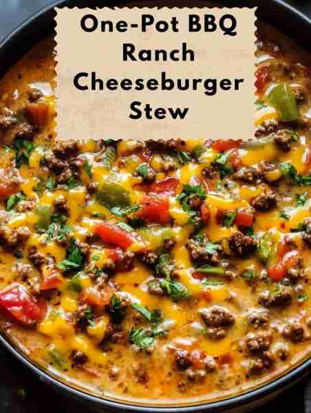 One-Pot BBQ Ranch Cheeseburger Stew Ingredients: - 1 lb ground beef - 1 onion, diced - 1 red bell pe...