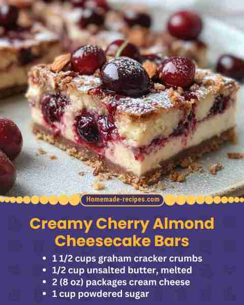 Creamy Cherry Almond Cheesecake Bars 📋 Ingredients: • 1 1/2 cups graham cracker crumbs • 1/2 cup un...