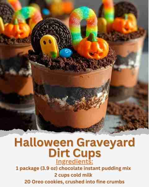 Halloween Graveyard Dirt Cups Ingredients: - 1 package (3.9 oz) chocolate instant pudding mix - 2 cu...