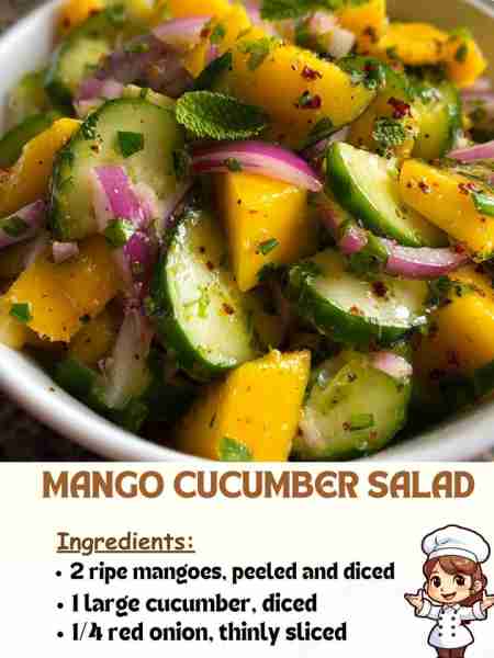 Mango Cucumber Salad Ingredients 2 ripe mangoes, peeled and diced 1 large cucumber, diced ¼ red oni...