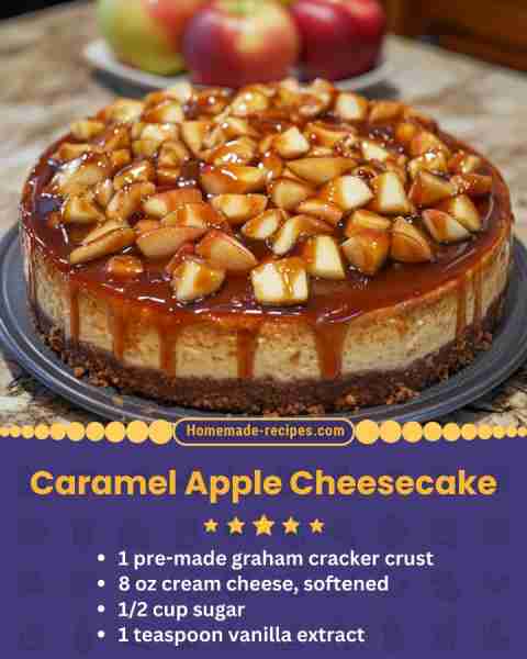 Caramel Apple Cheesecake 📋 Ingredients: • 1 pre-made graham cracker crust • 8 oz cream cheese, soft...