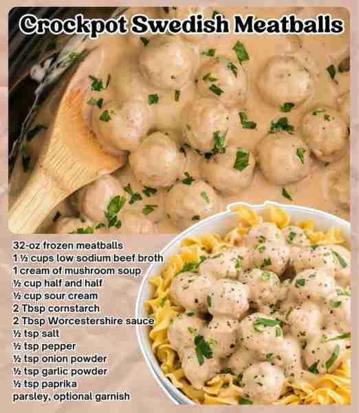 Crockpot Swedish Meatballs **Ingredients** 32-oz frozen meatballs 1 ½ cups low sodium beef broth 1 c...