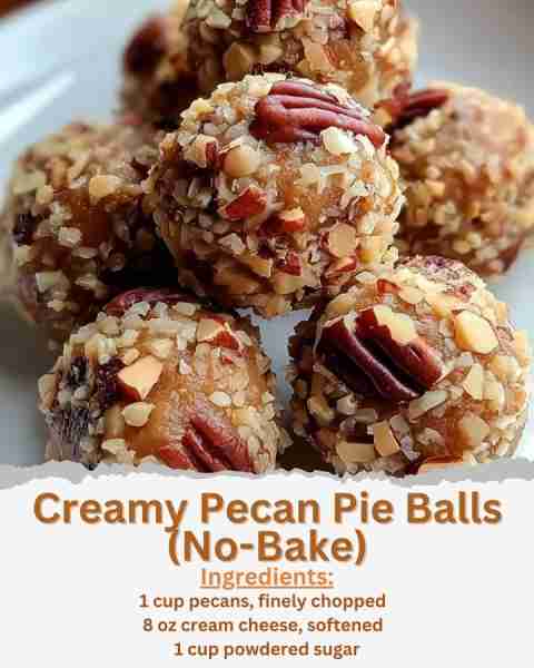 Creamy Pecan Pie Balls (No-Bake) Ingredients: - 1 cup pecans, finely chopped - 8 oz cream cheese, so...
