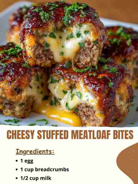 Cheesy Stuffed Meatloaf Bites Ingredients 1 egg 1 cup breadcrumbs ½ cup milk ...... Full Recipe in...