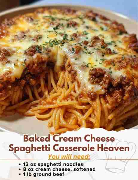 Baked Cream Cheese Spaghetti Casserole Heaven! Ingredients: - 12 oz spaghetti noodles - Salt for bo...