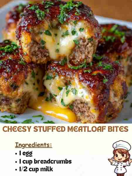 Cheesy Stuffed Meatloaf Bites Ingredients 1 egg 1 cup breadcrumbs ½ cup milk ...... Full Recipe in...