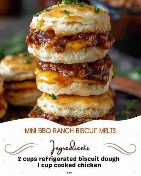 Mini BBQ Ranch Biscuit Melts Ingredients: 2 cups refrigerated biscuit dough (like Pillsbury Grands)...