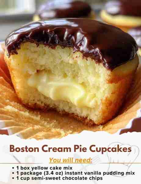 Boston Cream Pie Cupcakes Ingredients: For the Cupcakes: - 1 box yellow cake mix (or your favorite v...